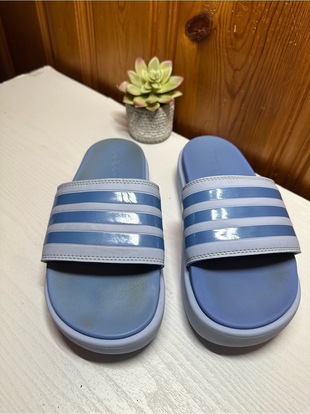 adidas Light Blue Striped Slide Sandals - Picture 8 of 15